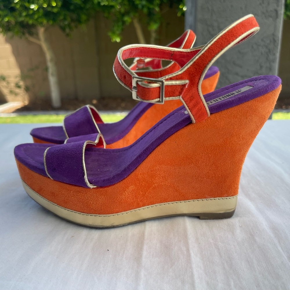 Jennifer Lopez Orange and Purple Wedge Sandals, Women’s Size 9